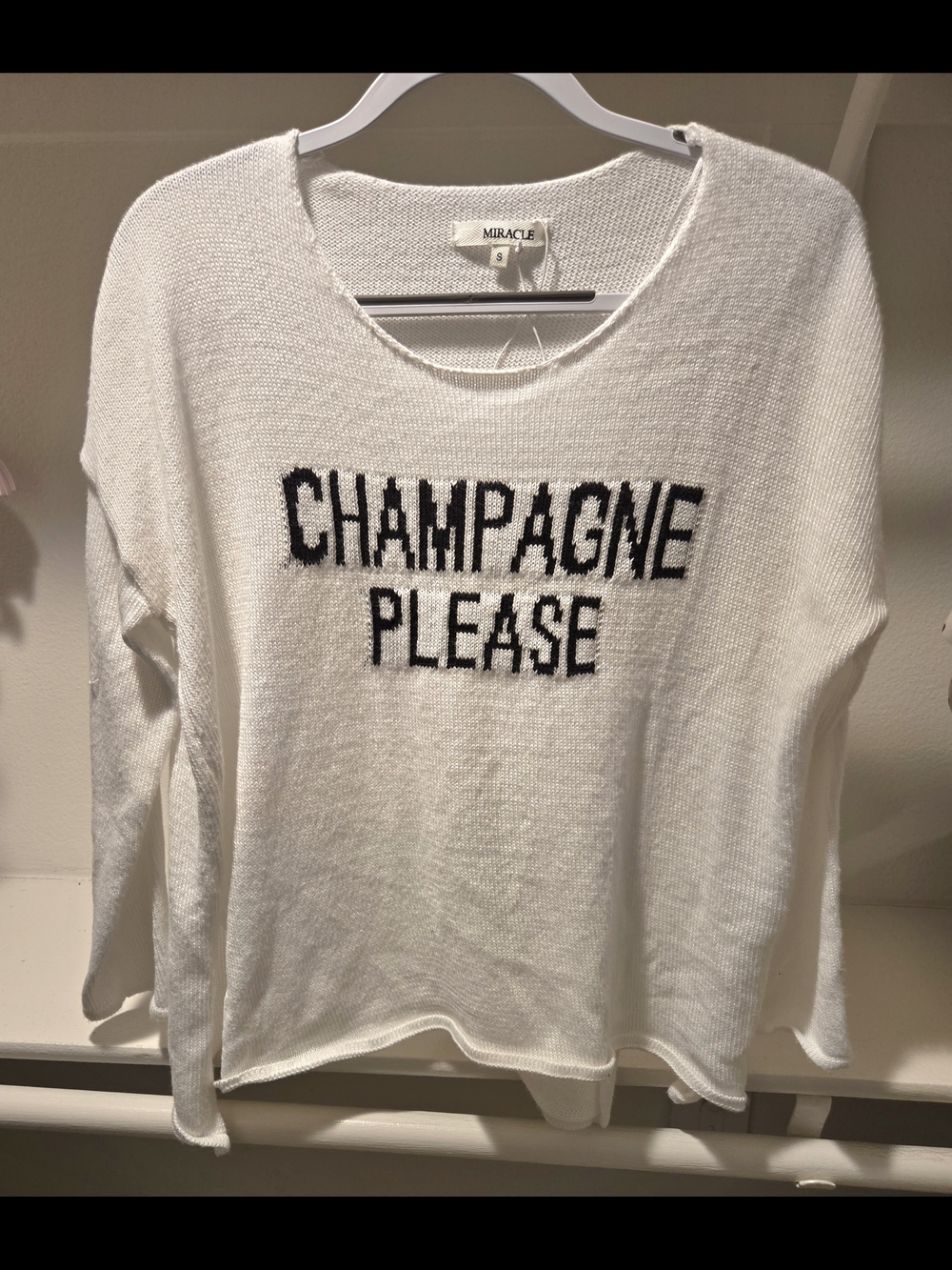 Miracle White Crewneck Sweater with Black 'CHAMPAGNE PLEASE' Text - Picture 2 of 4